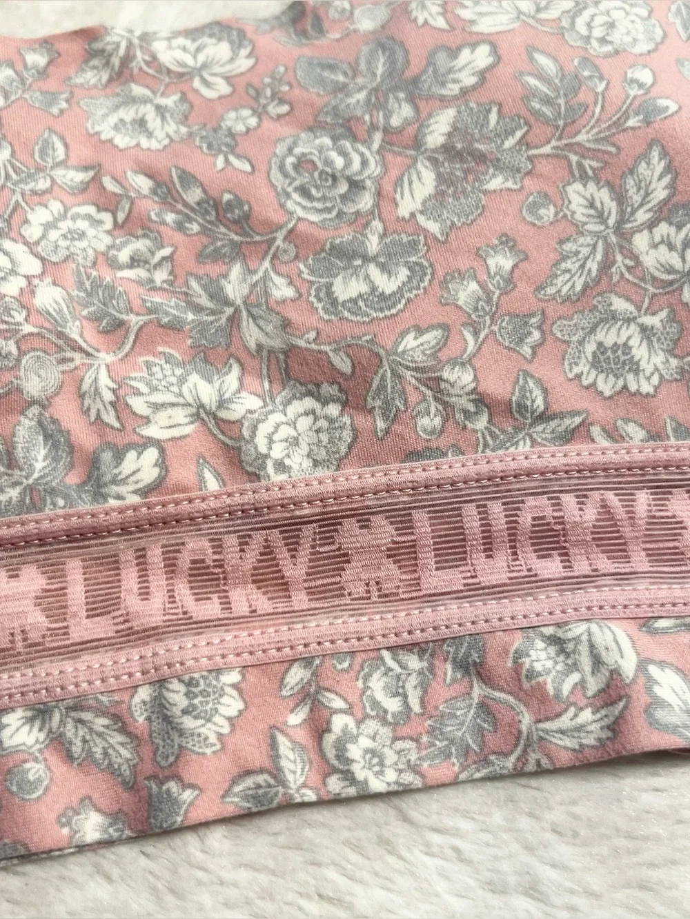 Lucky Brand Pink & Gray Floral Logo Band Bralette Size Medium Wireless Comfort